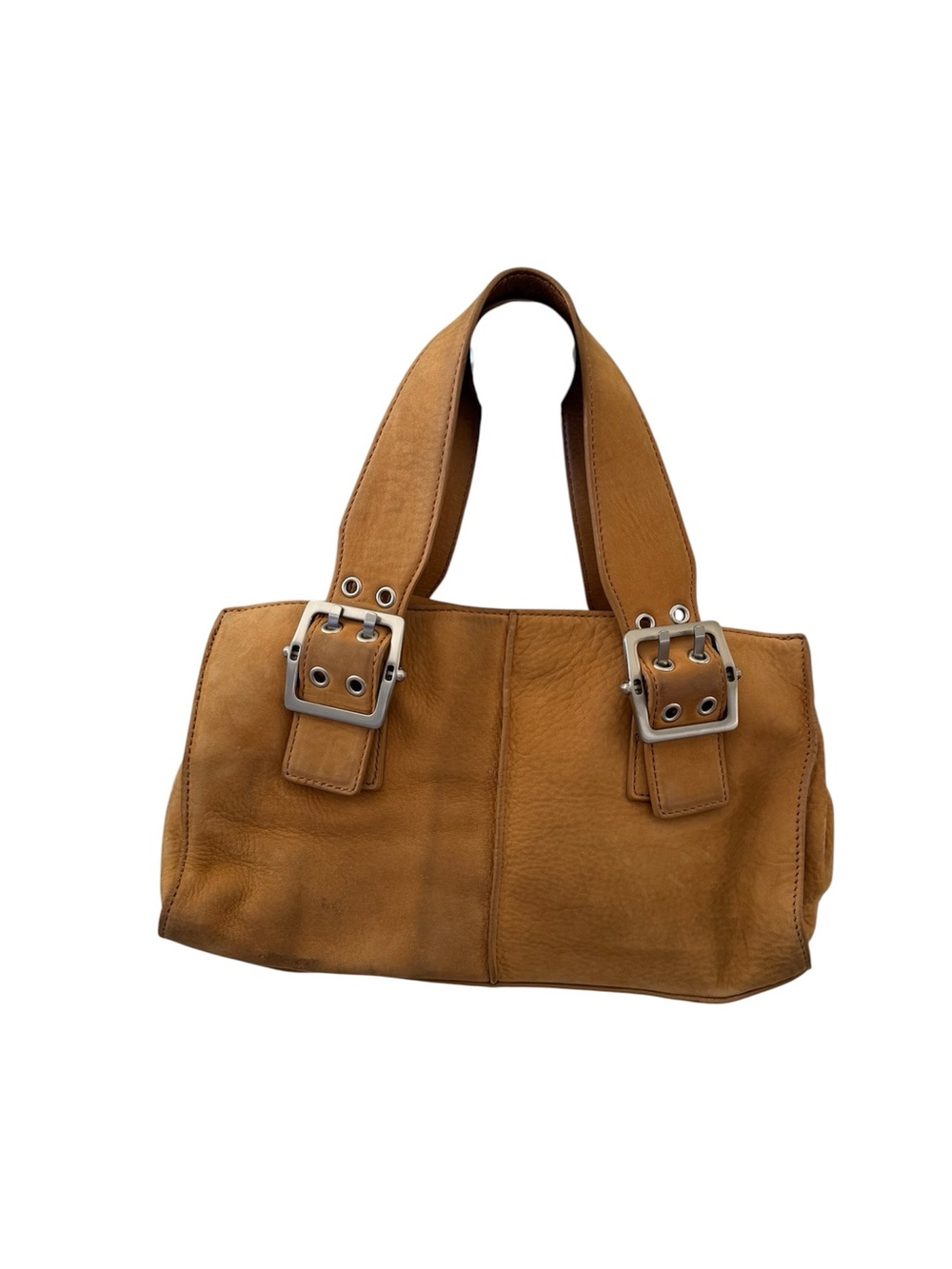 Y2K Classic Tan Suede Leather Shoulder Bag with Buckle Accents Vintage.